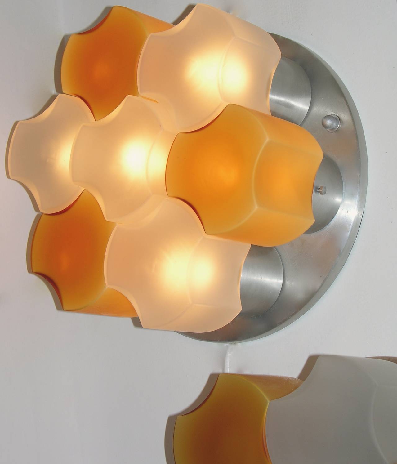 Martinelli Luce Rare Pair of White and Orange Glass Wall or Flush Lights, 1963 In Good Condition For Sale In New York, NY