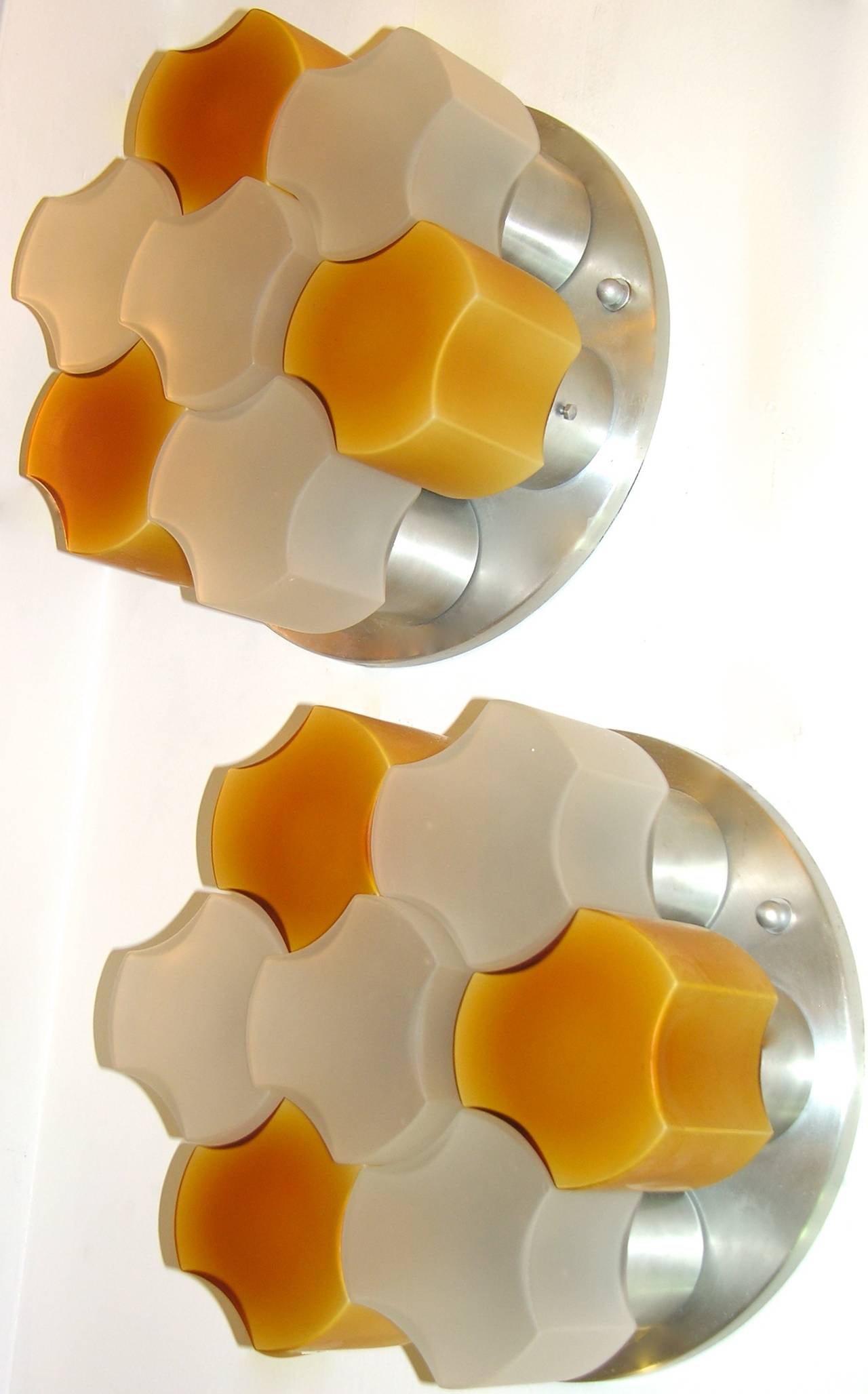 Italian Martinelli Luce Rare Pair of White and Orange Glass Wall or Flush Lights, 1963 For Sale