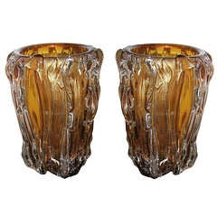Italian Pair of Iridescent Amber Vases by Pino Signoretto