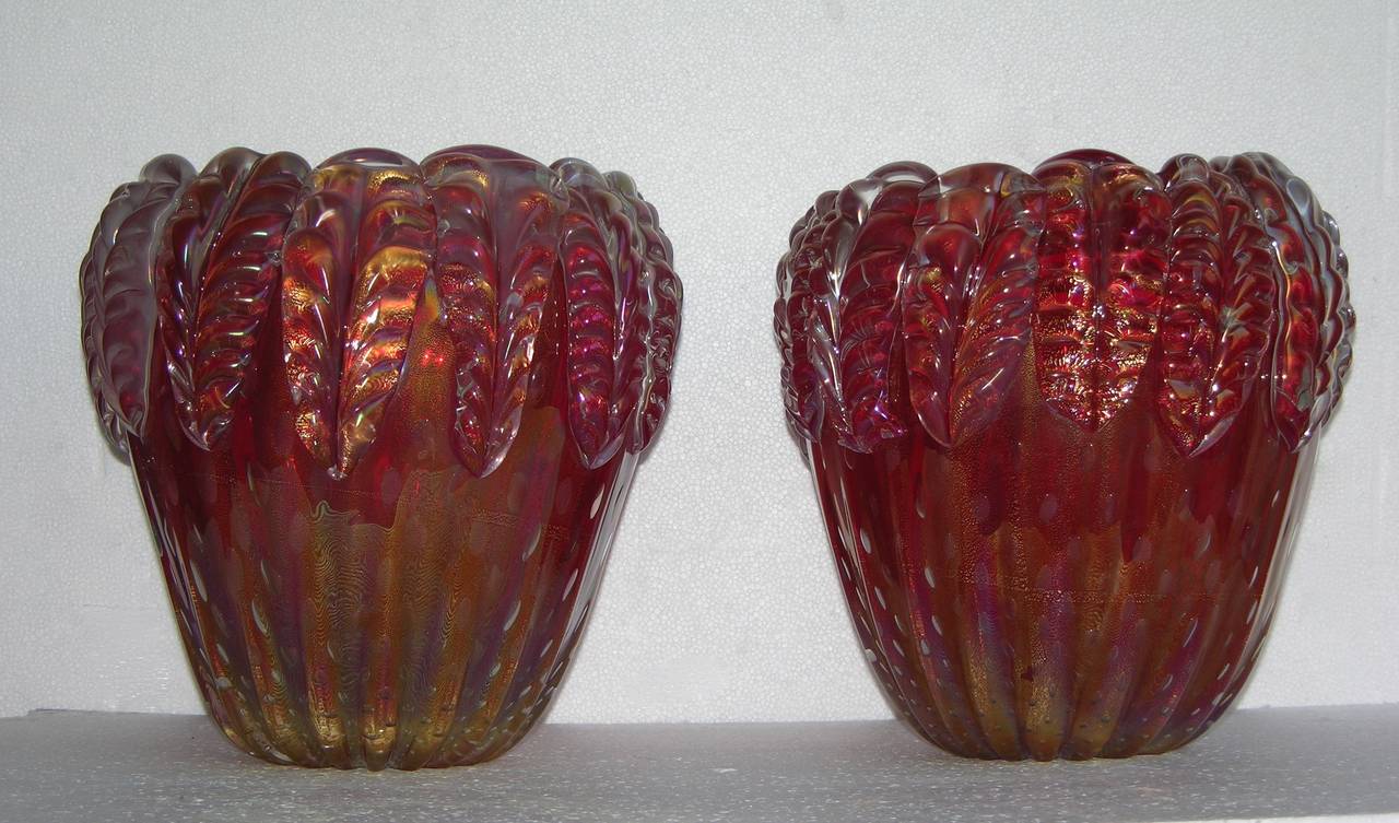 Italian Cenedese Stunning Iridescent Pair of Plum Murano Glass Vases