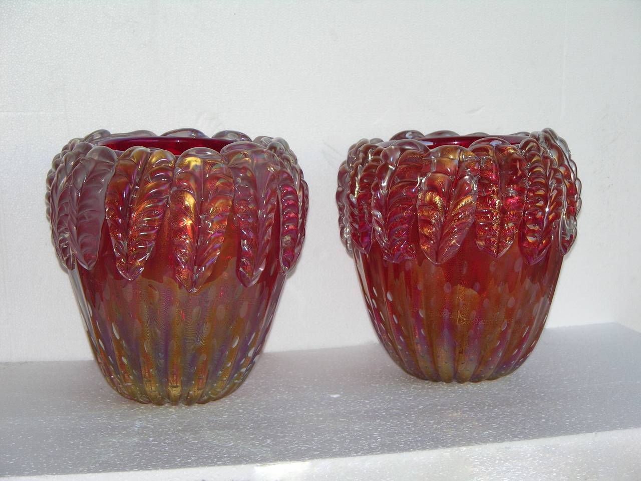 Cenedese Stunning Iridescent Pair of Plum Murano Glass Vases 4