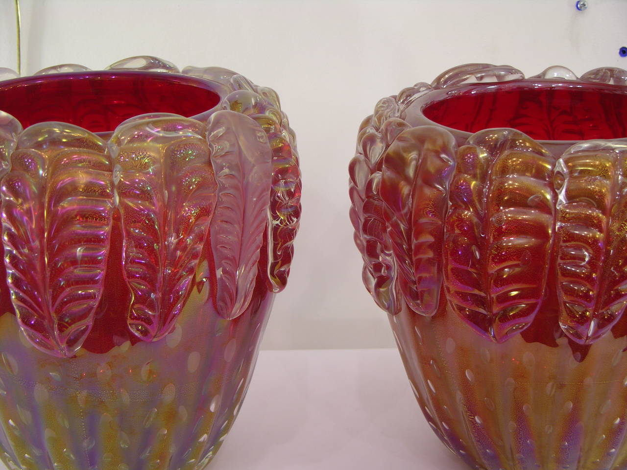 Cenedese Stunning Iridescent Pair of Plum Murano Glass Vases 5