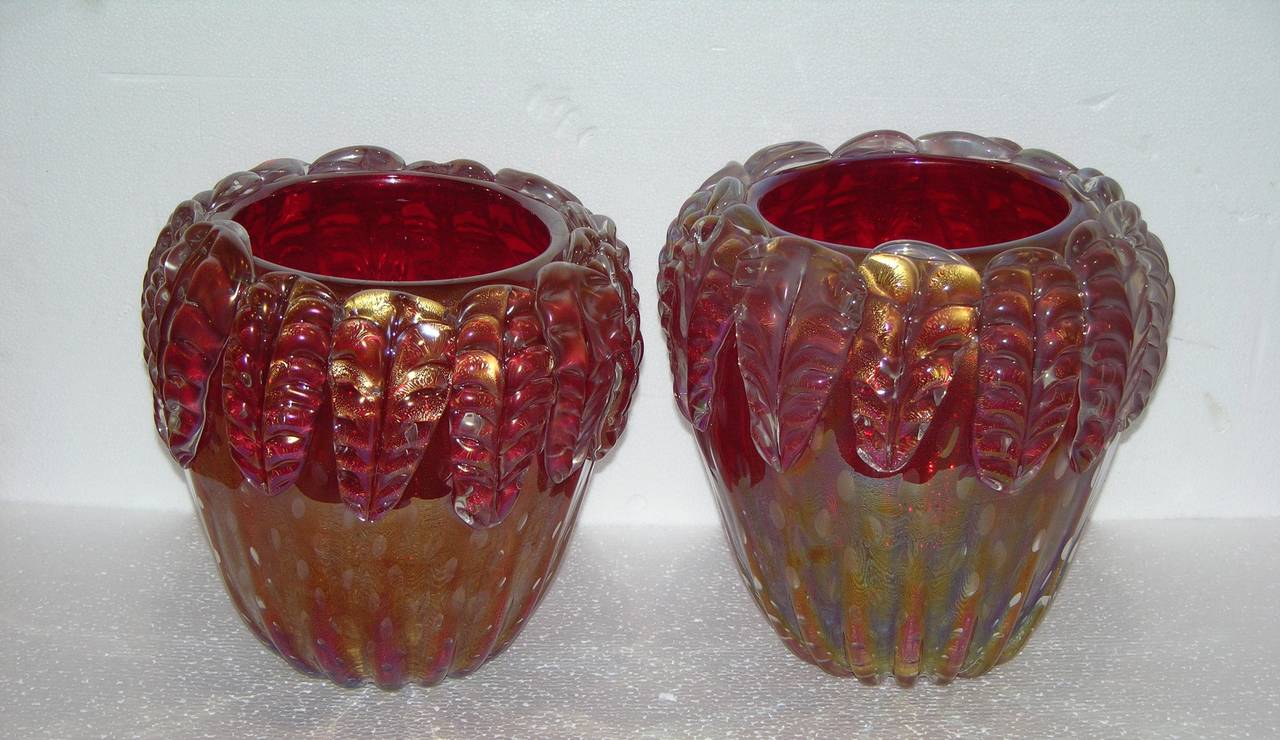 Late 20th Century Cenedese Stunning Iridescent Pair of Plum Murano Glass Vases
