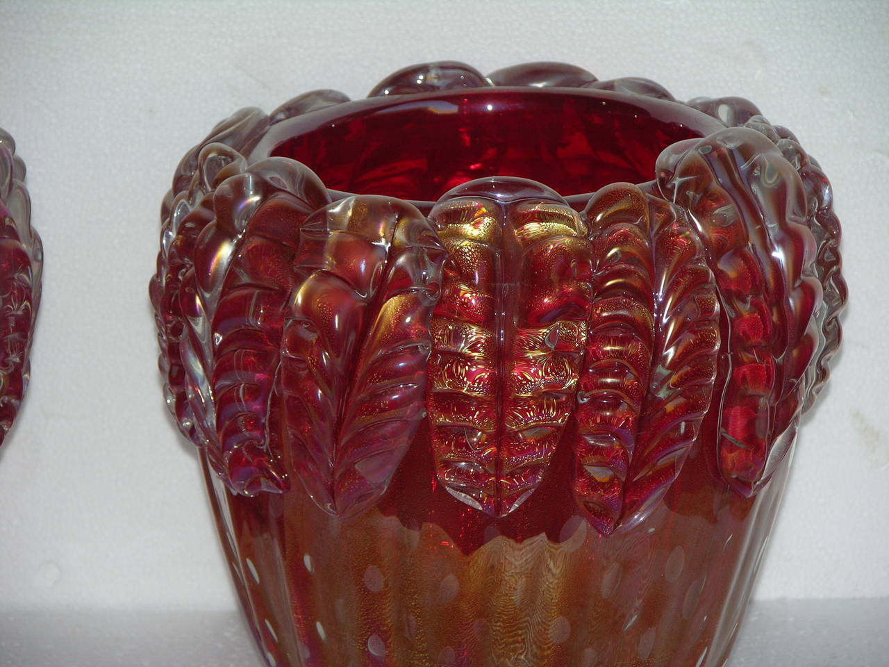 Cenedese Stunning Iridescent Pair of Plum Murano Glass Vases 3