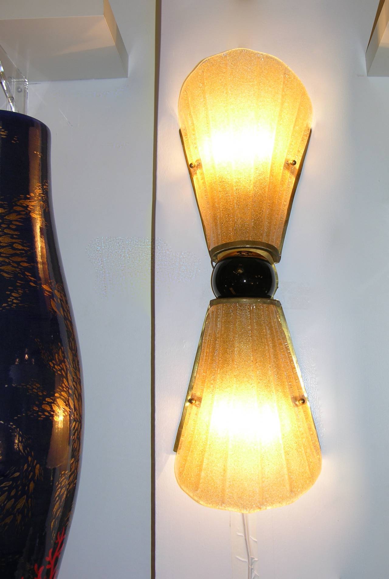 Aureliano Toso 1970s Amber Murano Glass Textured Wall Lights 4