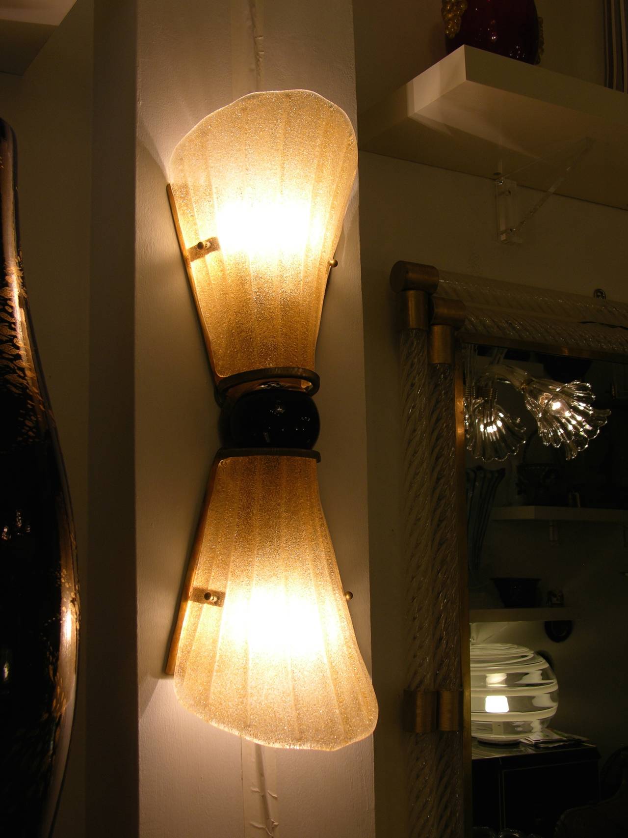 Aureliano Toso 1970s Amber Murano Glass Textured Wall Lights 2