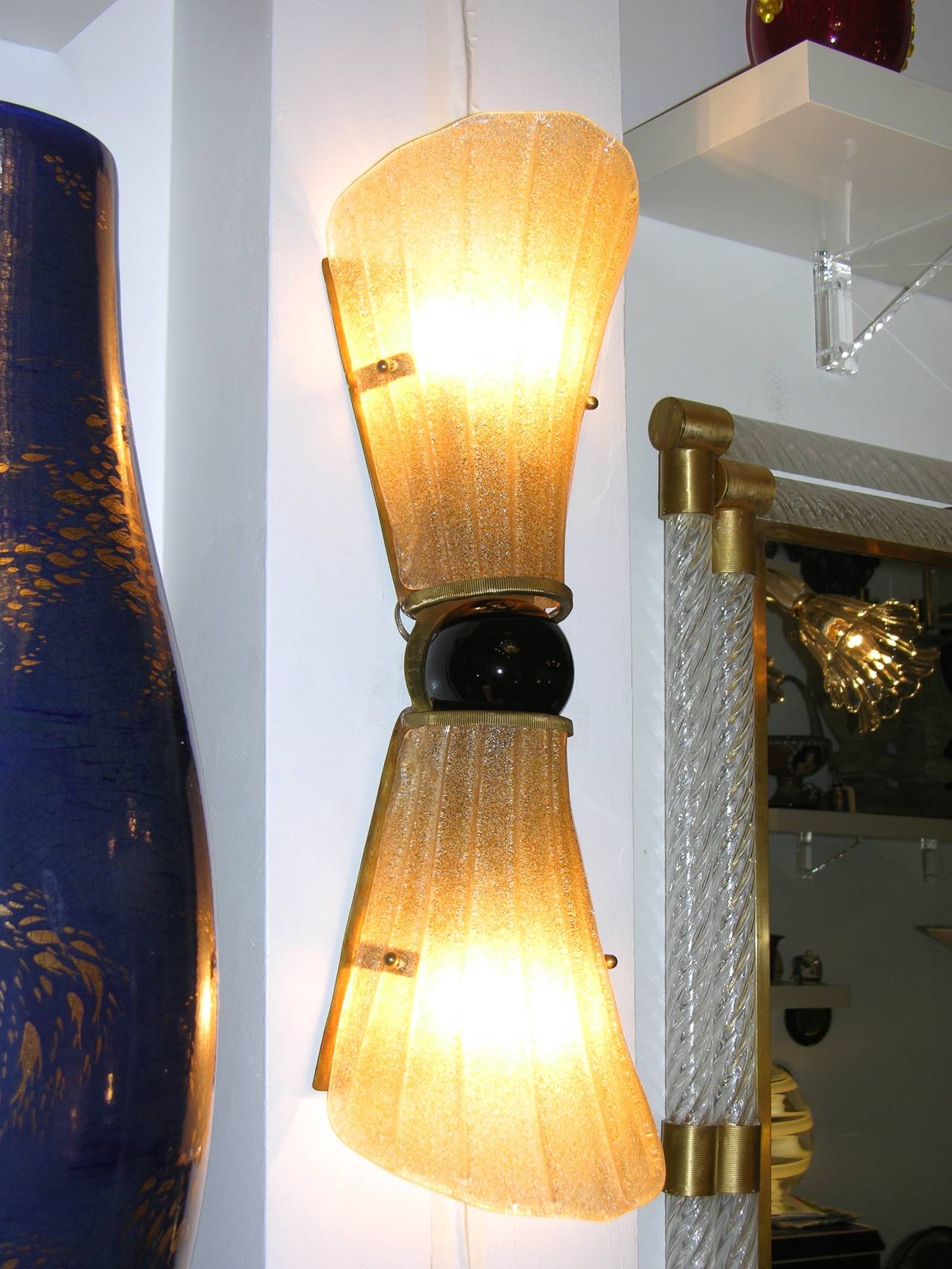 Italian Aureliano Toso 1970s Amber Murano Glass Textured Wall Lights