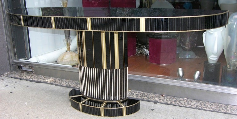 c.1940 Very Chic Italian Black Glass Console With Gold and Ivory Accents