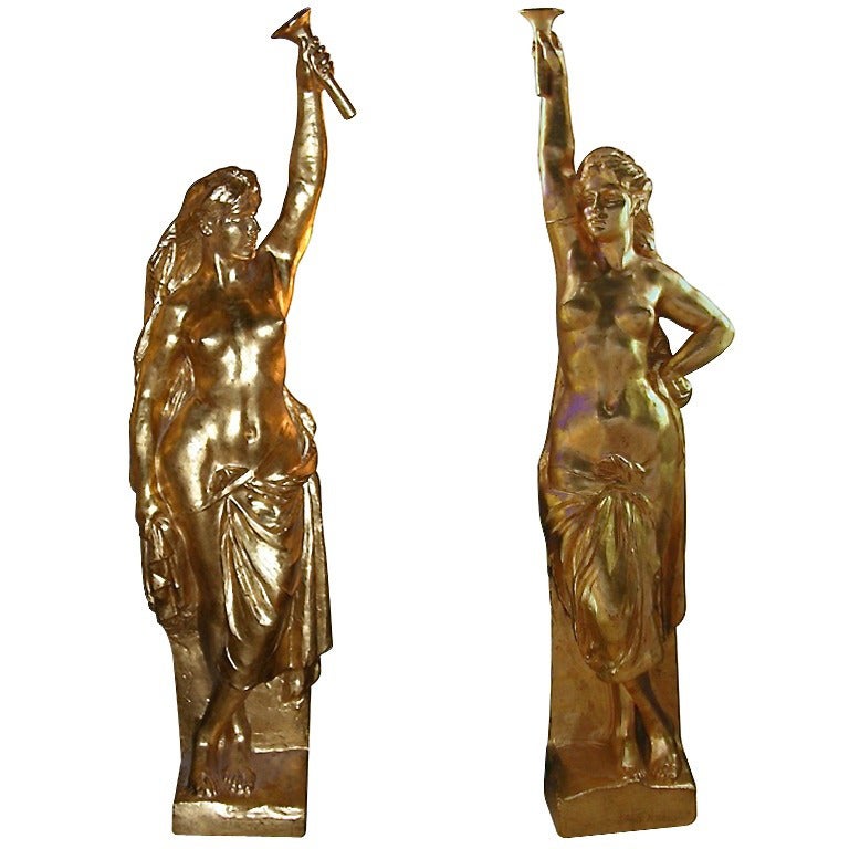 1950s French Monumental Gilded Wood Girls Architectural Statues for Crazy Horse