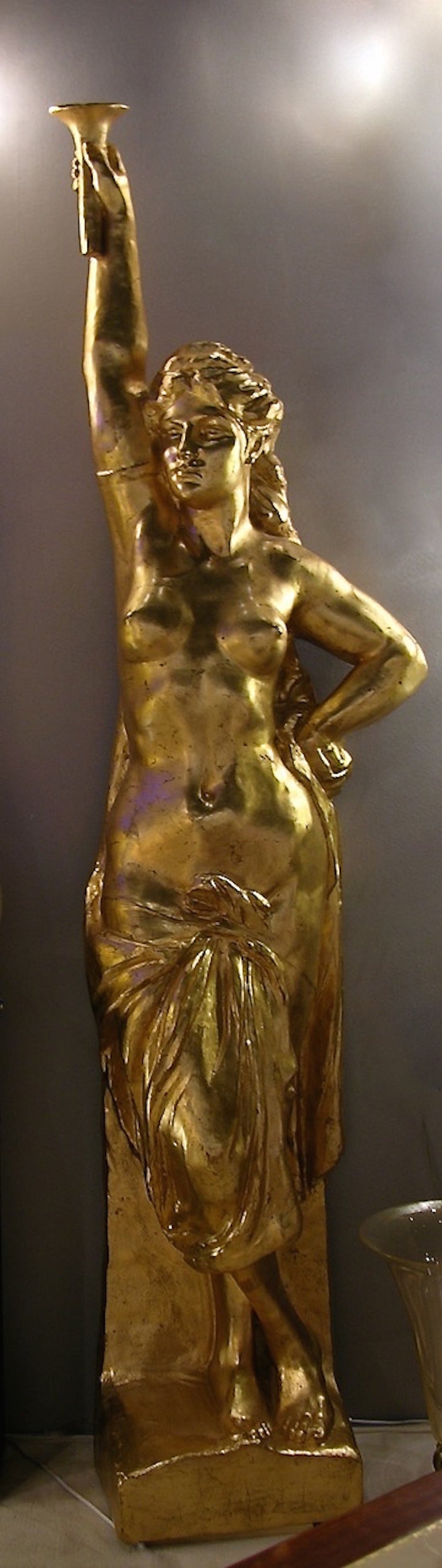 1950s French Monumental Gilded Wood Girls Architectural Statues for Crazy Horse