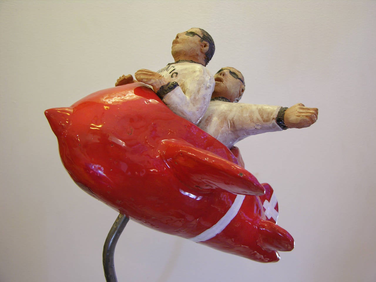 Modern Contemporary Italian Red White Sculpture, Flying Guys in Airplane by Ginestroni