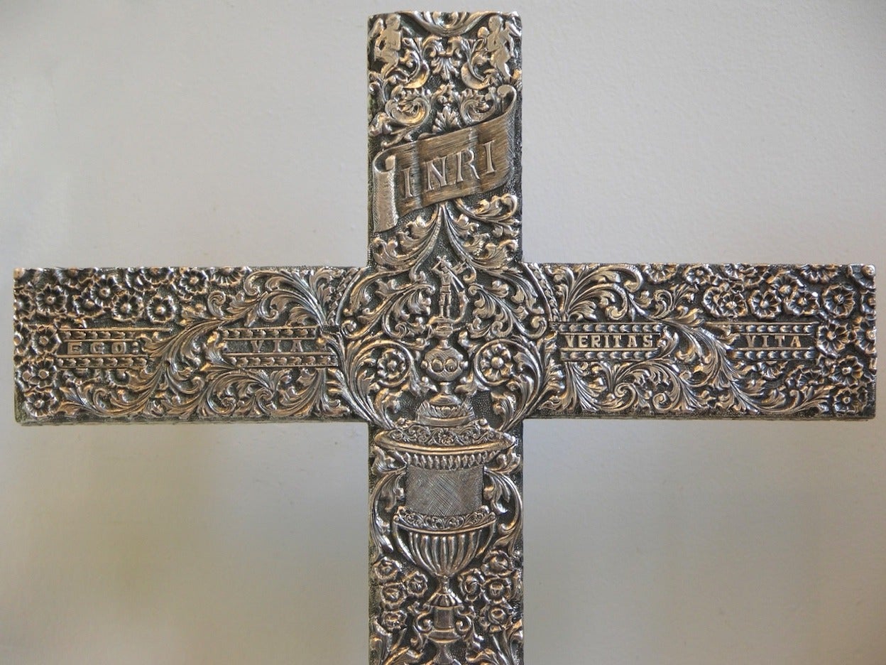 Extraordinary Antique Italian Solid Silver Cross with Spectacular Hand Chasing 3