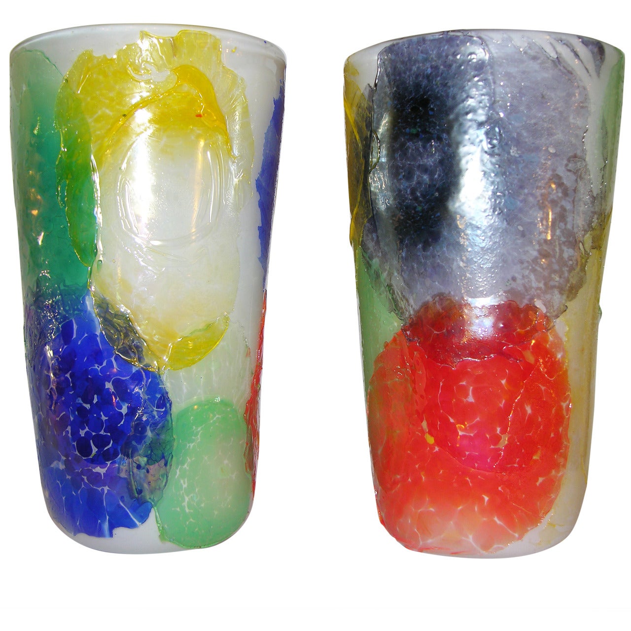 Striking Pair of Murano Glass Vases Decorated with Colorful Iridescent Disks