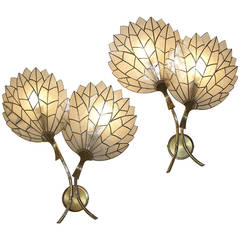 Whimsical Art Deco Pair of Double-Flower Leaded Sconces in Mother-of-Pearl