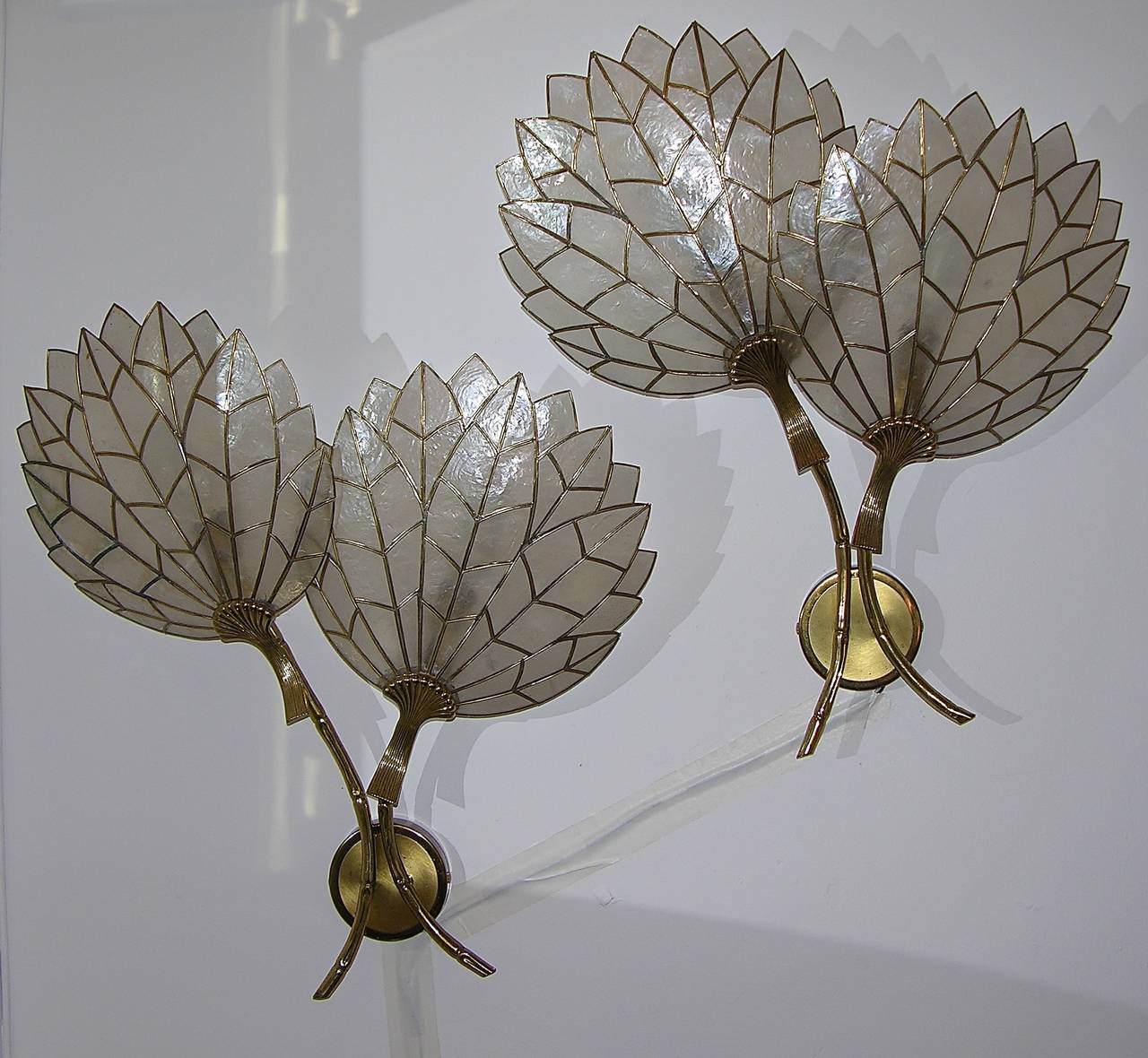Whimsical Art Deco Pair of Double-Flower Leaded Sconces in Mother-of-Pearl