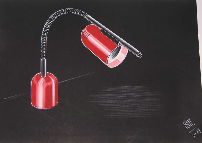 Dated industrial hand drawings, highly collectible Italian Product Design for a desk light project, realized without ruler in pastels and gouache on black cardboard, by the Italian designer, inventor and painter Luciano Mattioli (1924-1994), a very