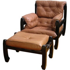 Luciano Frigerio 1970s Italian Mahogany Tan Leather Lounge Armchair & Ottoman