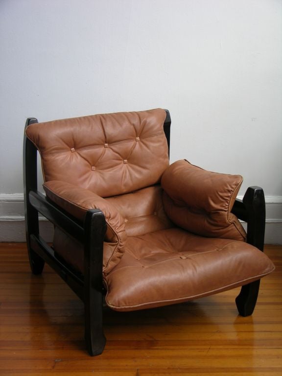 Mid-Century Modern Luciano Frigerio 1970s Italian Mahogany Tan Leather Lounge Armchair & Ottoman 