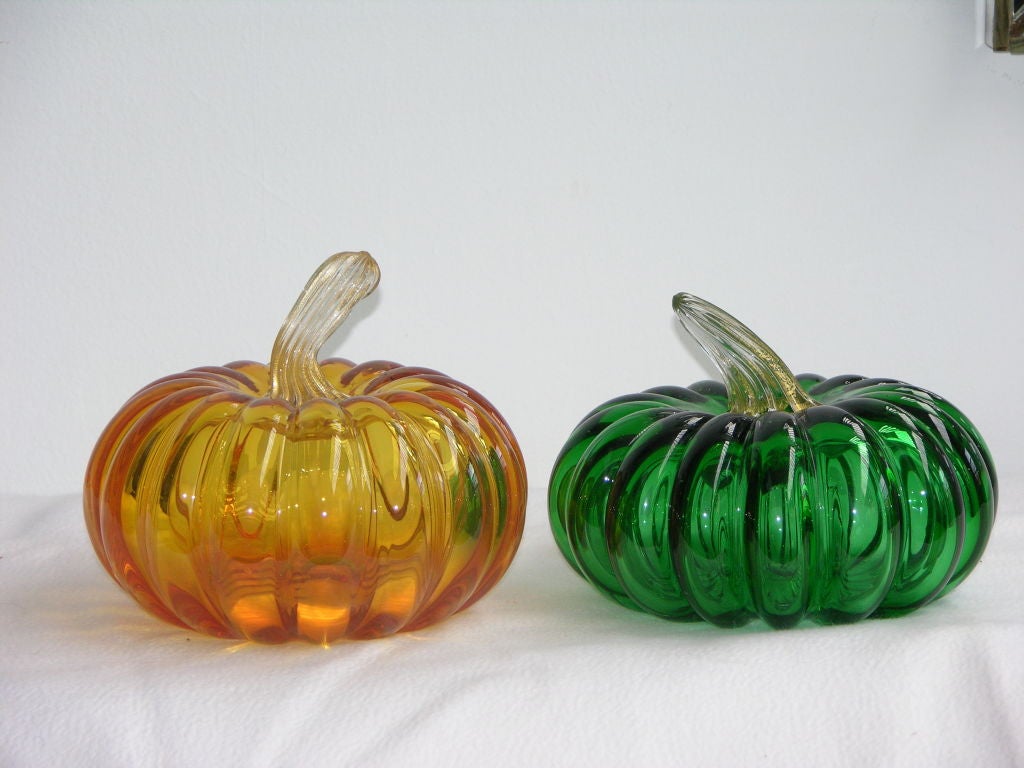 1970's Venetian Pumpkins in Murano glass and gold, one amber and one green by 