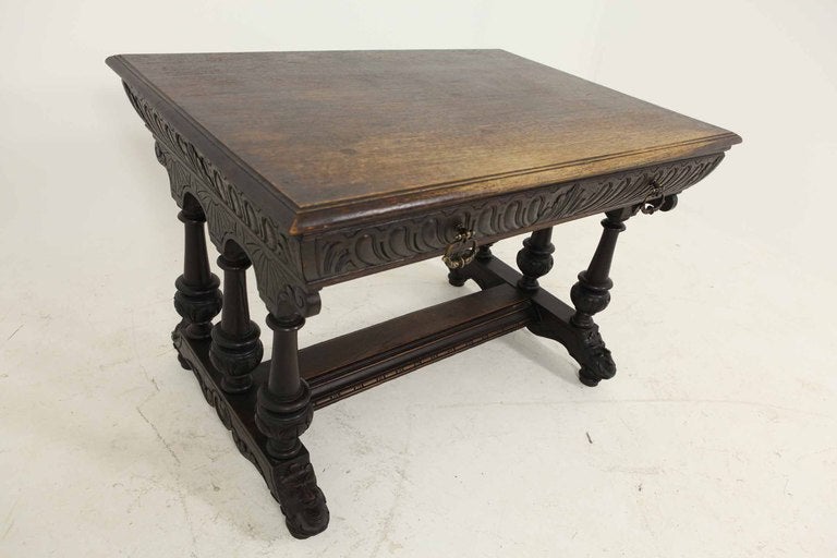 Scottish Heavily Carved Victorian Oak Library Table / Desk