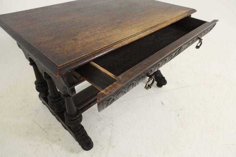 19th Century Heavily Carved Victorian Oak Library Table / Desk
