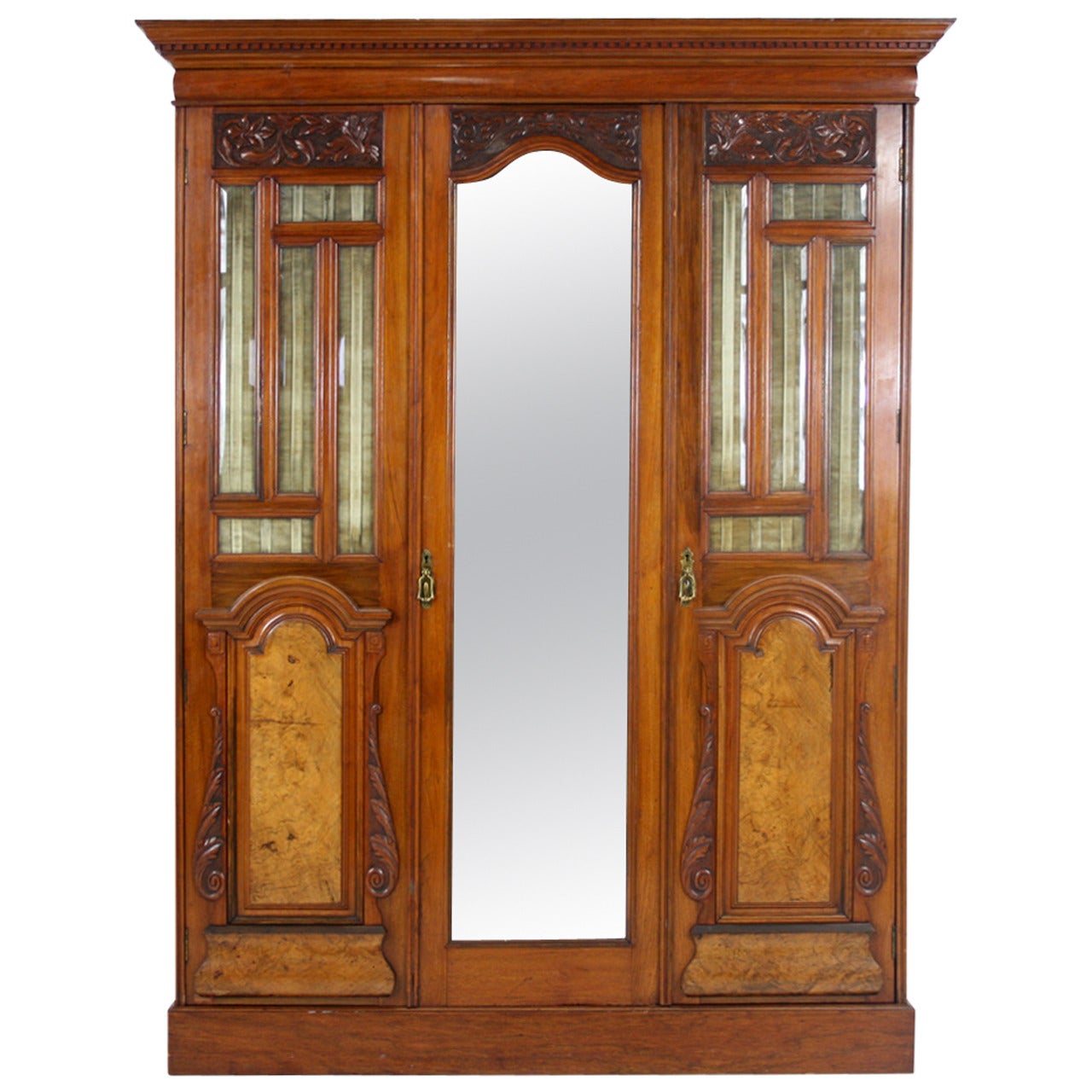Victorian Walnut 3 Door Wardrobe Cupboard Armoire with Mirror