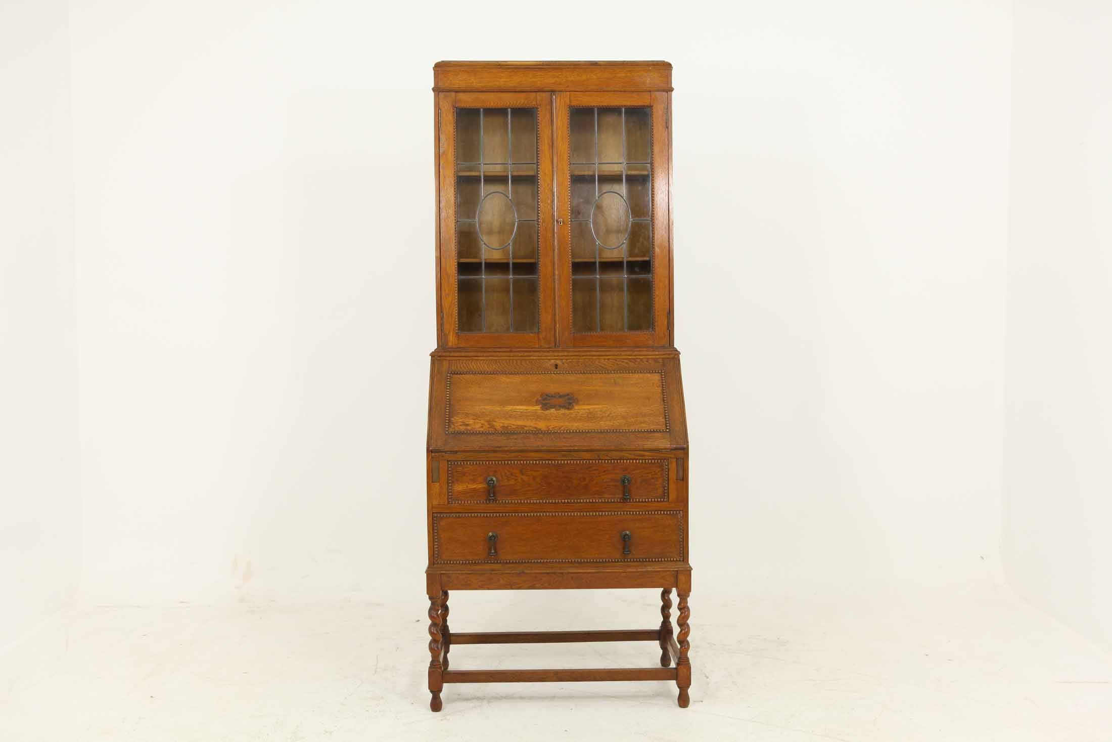 Barley Twist Oak Slant Front Desk With Bookcase Top