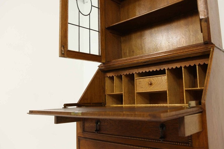 20th Century Barley Twist Oak Slant Front Desk With Bookcase Top
