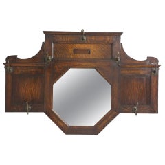 Antique Oak Hall Coat Rack With Bevelled Mirror