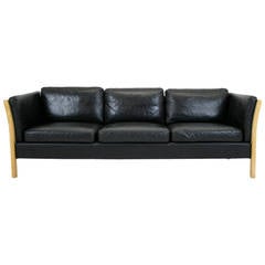 Danish Mid-Century Modern Leather and Beech Wood Love Seat Couch