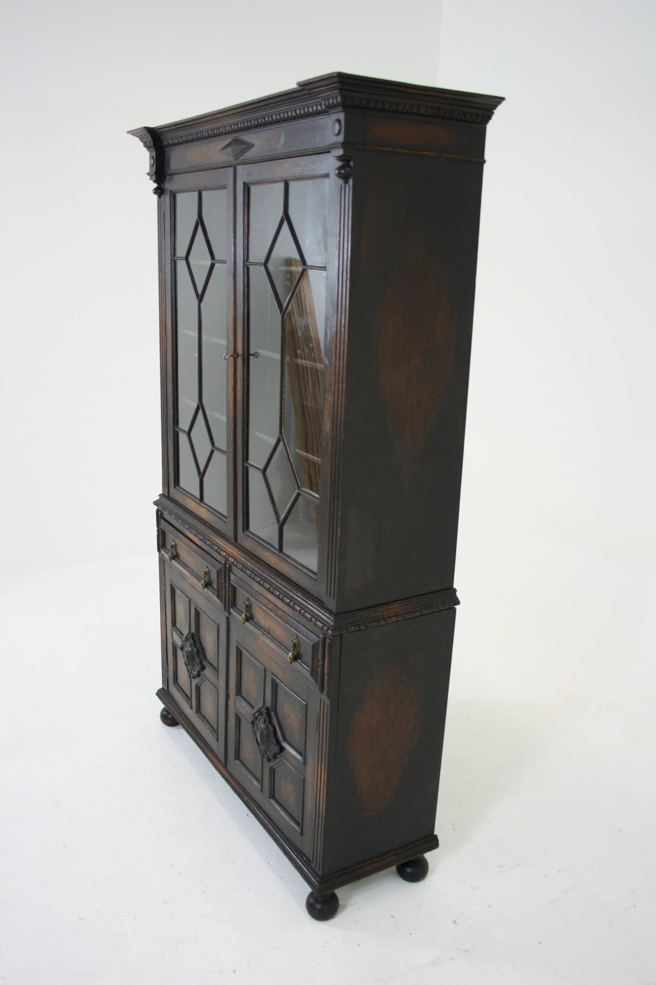 Antique Scottish Carved Oak Four-Door Bookcase or Display Cabinet, China