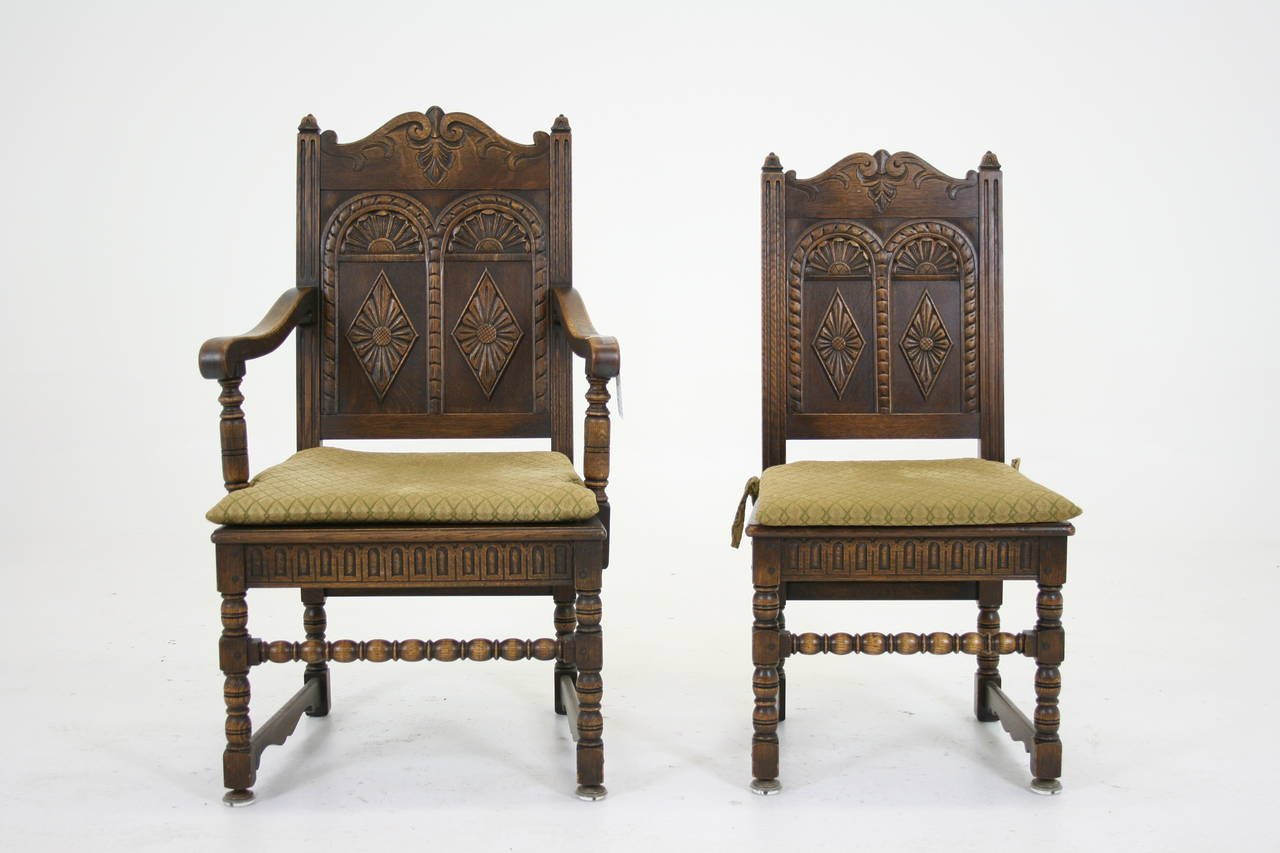 Set of Six Antique Heavily Carved Oak Dining Chairs, Renaissance Revival 