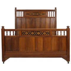 Antique Scottish Victorian Aesthetic Walnut Inlaid Queen Bed