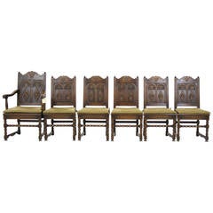 Set of Six Vintage Heavily Carved Oak Dining Chairs, Renaissance Revival "Krug"