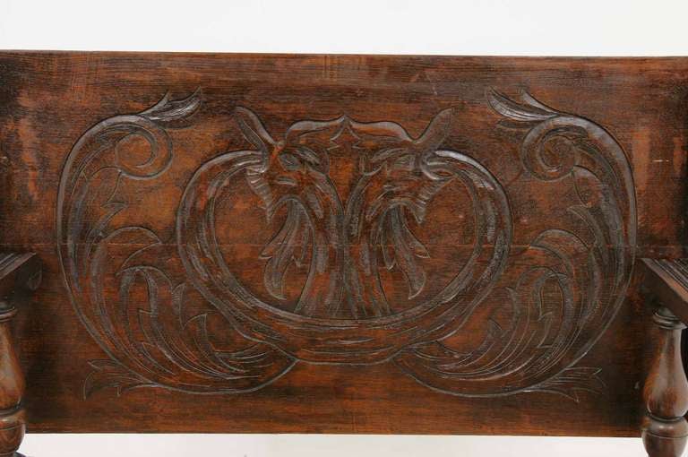 Carved Oak Hall / Monks Bench In Good Condition In Vancouver, BC