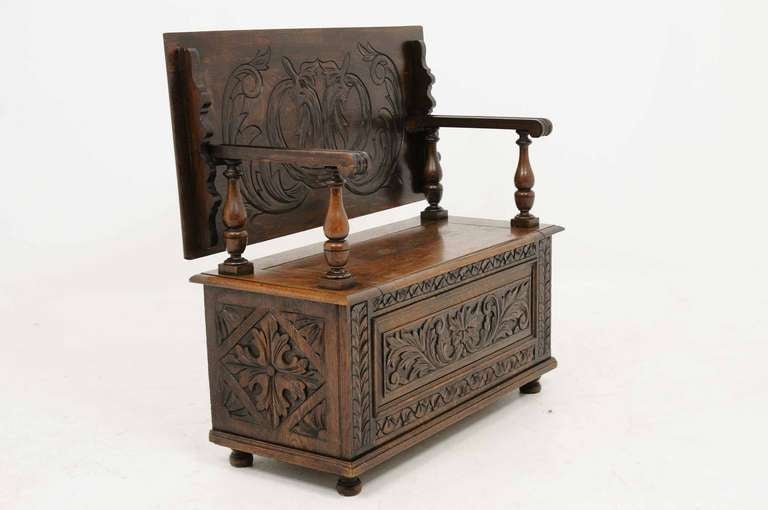 19th Century Carved Oak Hall / Monks Bench