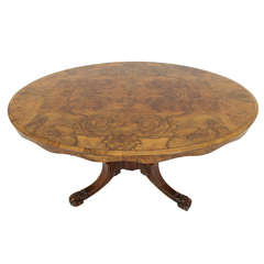Victorian Walnut Oval Burr Walnut Loo, Tilt Top, Breakfast Table