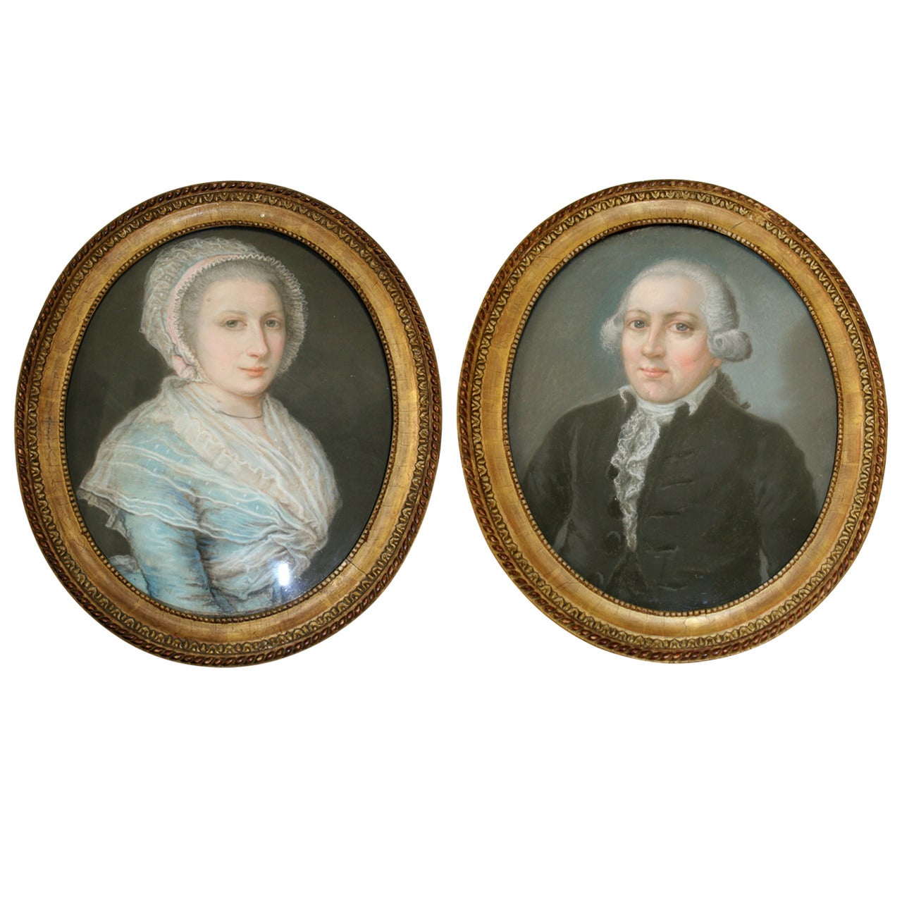 Pair of Antique Oval 18th Century Pastel Portraits "J.B. Hirschmann, " 1790