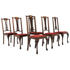 Antique 6 Mahogany Inlaid Queen Ann Style Dining Chairs