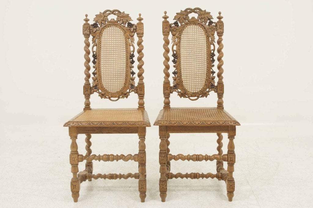 Scottish Pair of Victorian Oak Barley Twist Hall Chairs