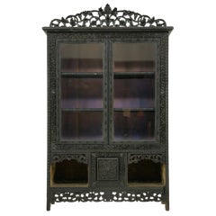 Antique Victorian Heavily Carved Ebonized Display / China Cabinet