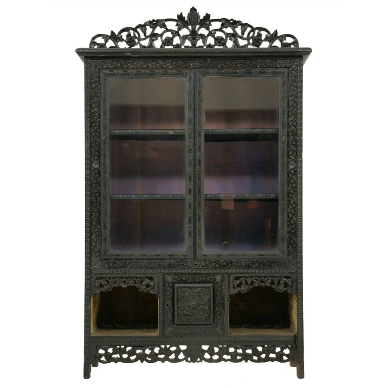 Victorian Heavily Carved Ebonized Display / China Cabinet