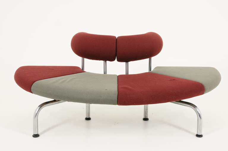 Pipeline series sofa in original two-tone wool fabric in grey and burgundy. Produced by Erik Jorgensen, this series was part of a modular set, designed specifically for commercial use. Condition is very good and there is one small hole in the seat