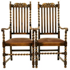 Antique Carved Oak and Beechwood Barley Twist Arm Chairs