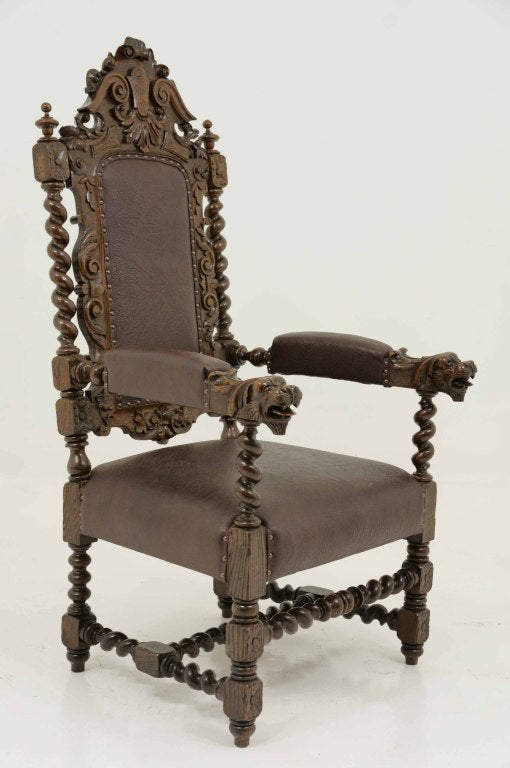 19th Century Carved Victorian Oak Throne Chair