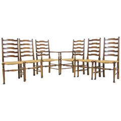 Antique Scottish Oak Ladder Back Dining Chairs, Rush Seats