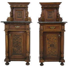 Pair of Antique Italian Walnut Marble Top Nightstands, Bedside or End Tables