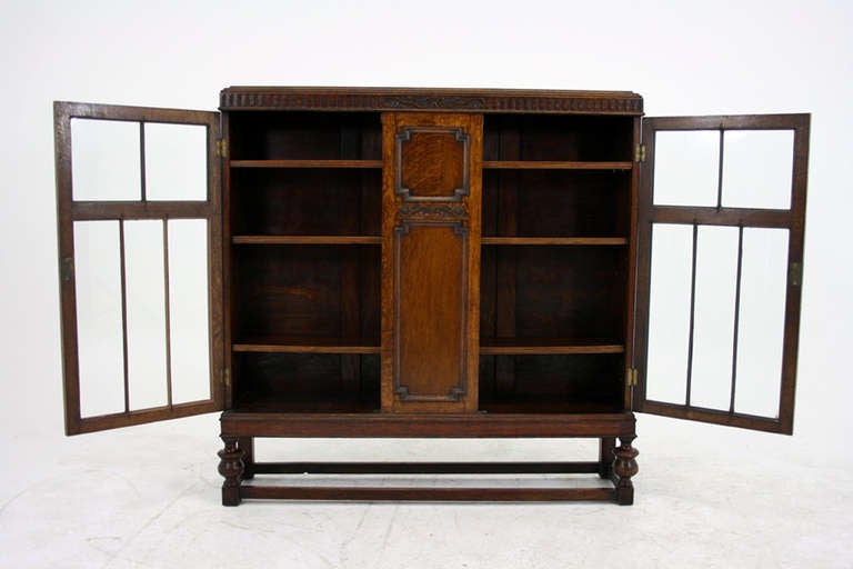 20th Century Antique Scottish Carved Oak Cabinet, Bookcase, China Display Cabinet