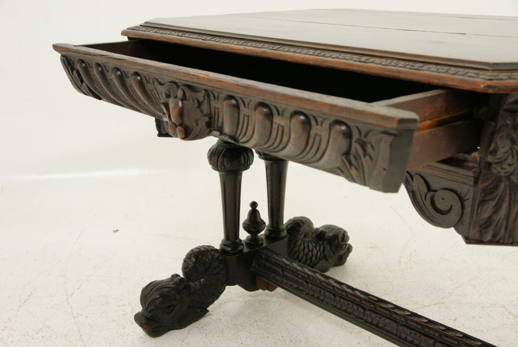 19th Century Antique Carved Oak Dolphin Table
