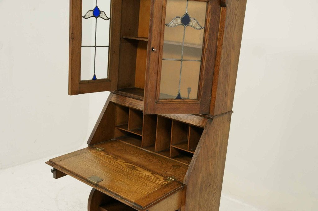 Scottish Art Nouveau Leaded Glass Bureau Bookcase With Slanted Front